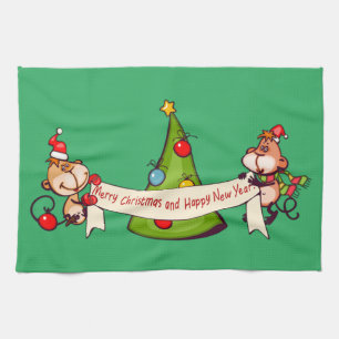 Merry Christmas And Happy New Year Monkeys Kitchen Towel