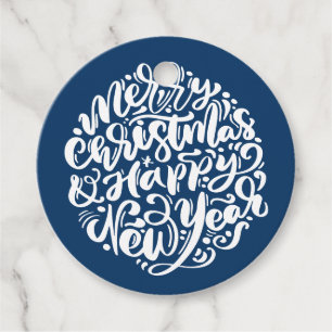 Merry Christmas and Happy New Year Script Blue Favour Tags