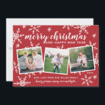 Merry Christmas and Happy New Year Snowy Snapshots Holiday Card<br><div class="desc">Spread the love this holiday season with a chic and stylish card that features whimsical hand drawn snowflakes 3 snapshots of your favourite photos. All text is customizable. Comes with a matching pattern on the back. You may add a photo or text to the back by clicking on the "click...</div>