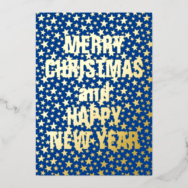 Merry Christmas and Happy New Year star navy blue Foil Holiday Card (Front)