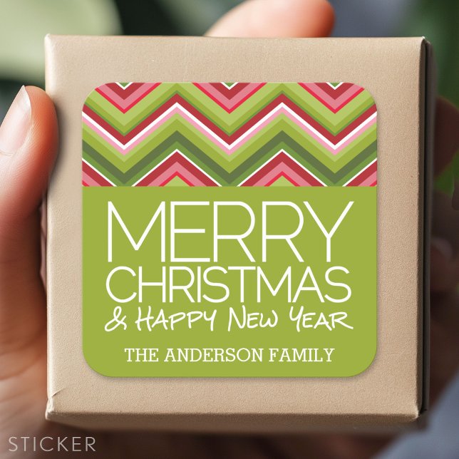 Merry Christmas and HNY - Custom Bright Chevrons Square Sticker (Custom Sticker)