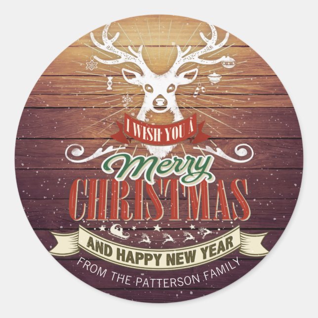 Merry Christmas and New Year Reindeer Rustic Wood Classic Round Sticker (Front)