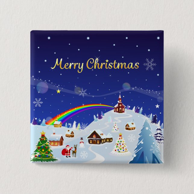 Merry Christmas and Rainbow Santa 2 Inch Square Button (Front)