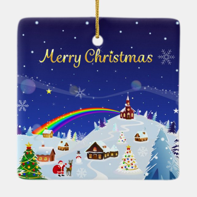 Merry Christmas and Rainbow Santa Ceramic Ornament (Back)
