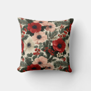 Merry Christmas Anemone Floral Background Throw Pillow