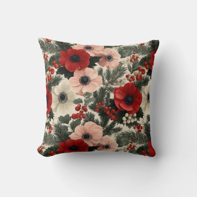 Merry Christmas Anemone Floral Background Throw Pillow (Front)