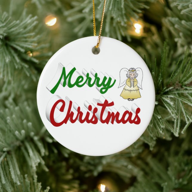 Merry Christmas Angel red green script  Ceramic Ornament (Tree)