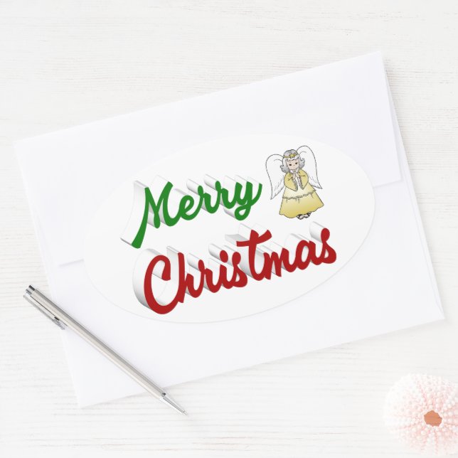 Merry Christmas Angel red green script Oval Sticker (Envelope)