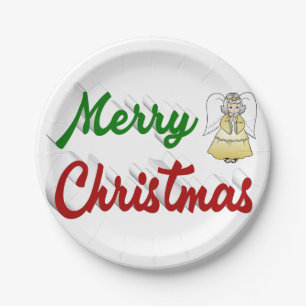 Merry Christmas Angel red green script Paper Plate