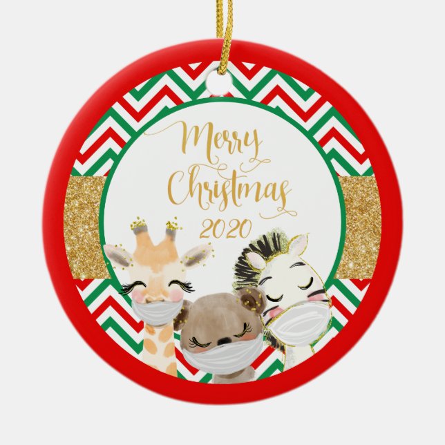 Merry Christmas Animals Face masks 2020 Ceramic Ornament (Front)