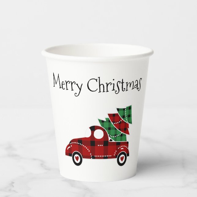 Merry Christmas Antique Red Truck Christmas Paper Paper Cups (Front)