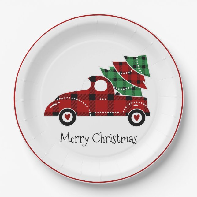 Merry Christmas Antique Red Truck Holiday Paper Plate (Front)