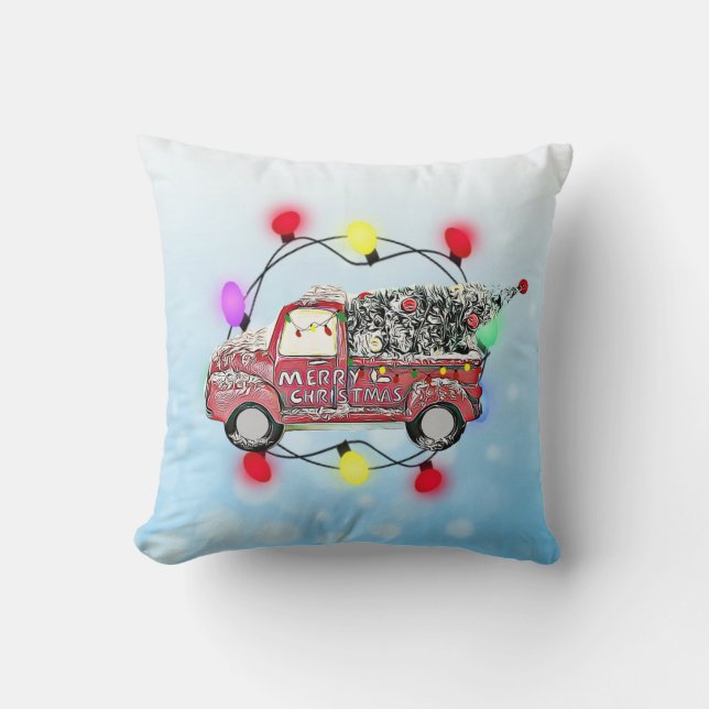 Merry Christmas Antique Truck with Christmas Tree Throw Pillow (Front)