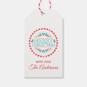 Merry Christmas Aqua & Red Chalk Stamp Typography Gift Tags