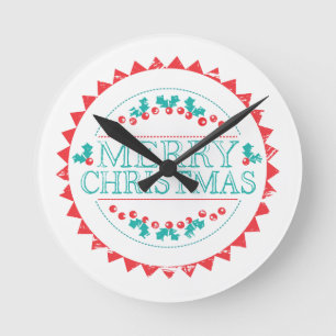Merry Christmas Aqua & Red Chalk Stamp Typography Round Clock