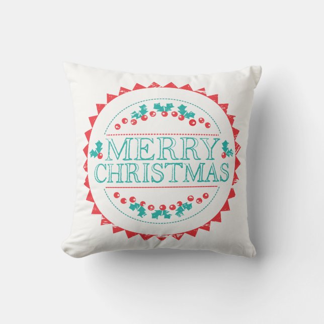 Merry Christmas Aqua & Red Chalk Stamp Typography Throw Pillow (Front)