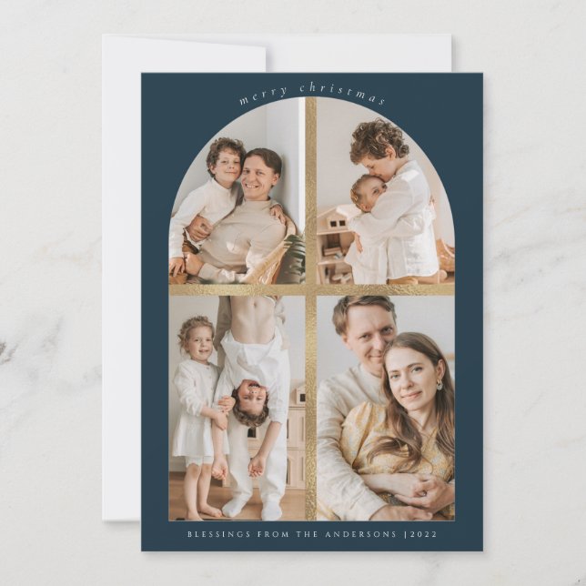 Merry Christmas Arch Cross Faux Gold Foil 4 Photos Holiday Card (Front)