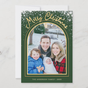 Merry Christmas Arch Photo Green Gold Personalized Holiday Card