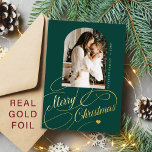 Merry Christmas arch photo real gold Foil Holiday Card<br><div class="desc">Elegant luxury Merry Christmas gold classic calligraphy script real foil family photo green holiday card with your custom personalized text. PLEASE NOTE that the background colour is editable. You can change it after selecting CUSTOMIZE option down below the PERSONALIZE IT menu. If you don't feel at ease changing it, please...</div>