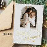 Merry Christmas arch photo real gold Foil Holiday Card<br><div class="desc">Elegant luxury Merry Christmas gold classic calligraphy script real foil family photo simple minimalist white holiday card with your custom personalized text. PLEASE NOTE that the background colour is editable. You can change it after selecting CUSTOMIZE option down below the PERSONALIZE IT menu. If you don't feel at ease changing...</div>