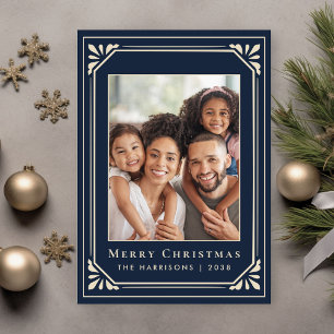 Merry Christmas Art Deco Blue Ivory Photo  Holiday Card
