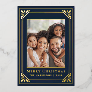 Merry Christmas Art Deco Photo Blue Gold Foil Holiday Card