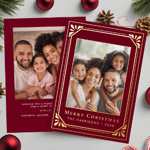 Merry Christmas Art Deco Photo Gold  Foil Holiday Card