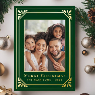 Merry Christmas Art Deco Photo Green Gold  Foil Holiday Card