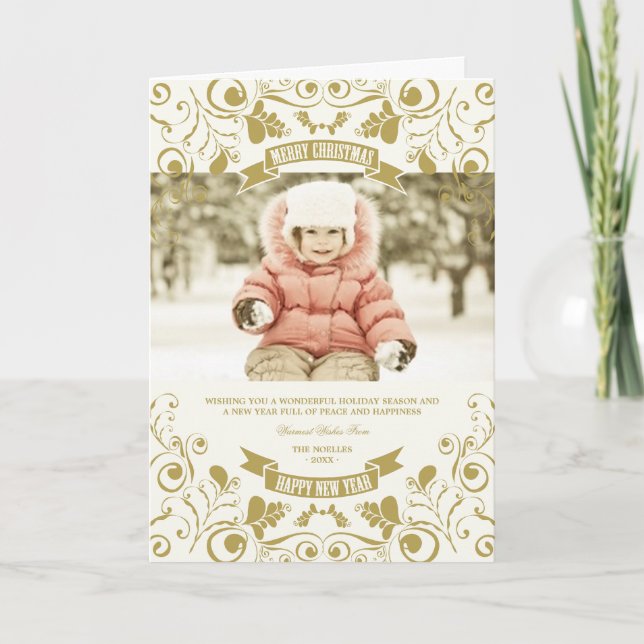 Merry Christmas Art Nouveau Floral Flourish Photo Holiday Card (Front)