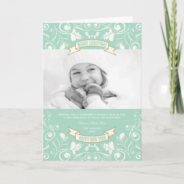 Merry Christmas Art Nouveau Floral Flourish Photo Holiday Card (Front)