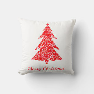 Merry Christmas, artistic red swirls tree, w/ star Throw Pillow