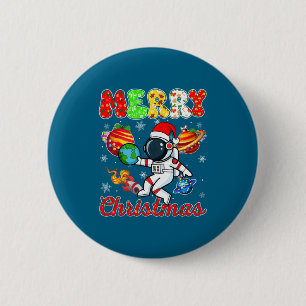 Merry Christmas Astronaut Santa Hat Snowflakes Tre 2 Inch Round Button