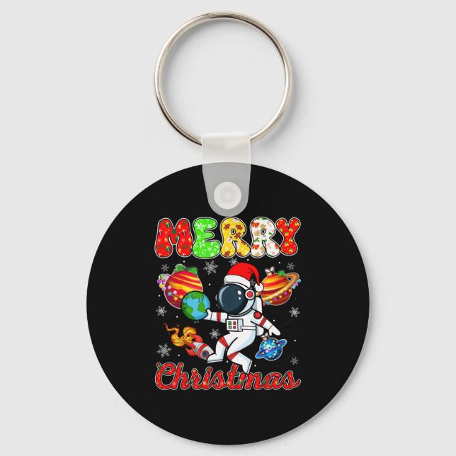 Merry Christmas Astronaut Santa Hat Snowflakes Tre Keychain (Front)