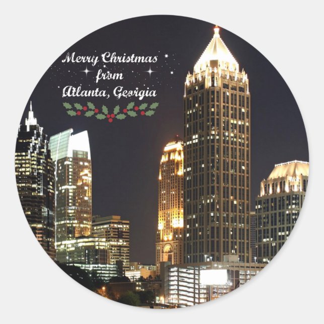 "Merry Christmas," Atlanta, Georgia Skyline Classic Round Sticker (Front)