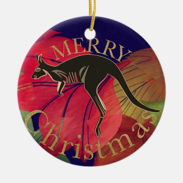 Merry Christmas Australian kangaroo gold script Ceramic Ornament (Front)