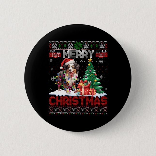 Merry Christmas Australian Shepherd Dog Lover Ugly 2 Inch Round Button (Front)