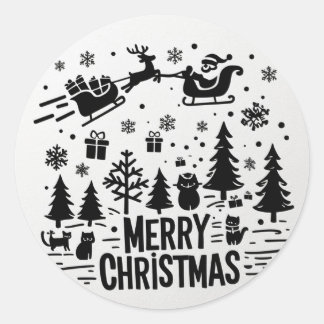MERRY CHRISTMAS b&w clip art Classic Round Sticker