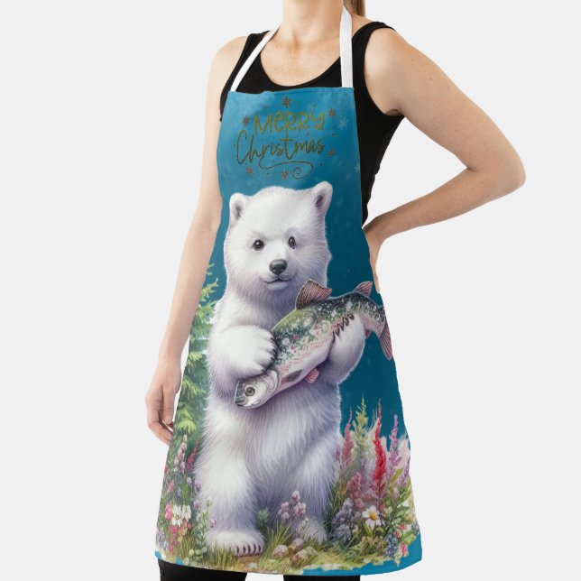 Merry Christmas Baby Bear Fish Flowers Apron (Insitu)