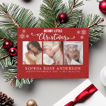 Merry Christmas, Baby First Collage Photos Holiday Card<br><div class="desc">Elegant square photo card with the phrase "Merry Little Christmas" with Christmas-Cove Tipography for baby's name,  date of birth and statistics. A design to receive that special person born on these end-of-year dates can be customized with the 3 best photos of your baby.</div>