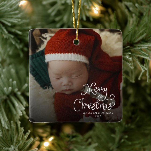 Merry Christmas Baby Photo Ceramic Ornament (Tree)