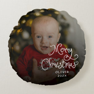 Merry Christmas Baby Photo Round Pillow