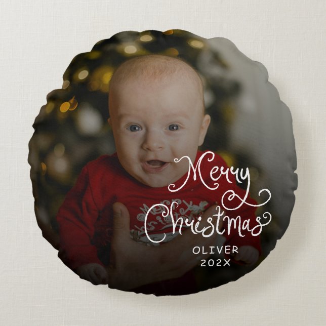 Merry Christmas Baby Photo Round Pillow (Front)