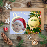 Merry Christmas - baby picture Foil Holiday Card<br><div class="desc">A beautiful Christmas card with a real gold foil. 
Two Christmas baubles to put a photo of babies,  children or your entire family,  and to wish a merry Christmas.
Sweet background colour light blue.
A beautiful Christmas tree at the back.
To wish a wonderful Christmas to your loved ones.</div>