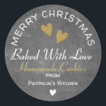 Merry Christmas Baked With Love Cookies Chalkboard Classic Round Sticker<br><div class="desc">Baked With love stickers for your homemade cookies gift bags this holiday season. Personalize with your name.</div>