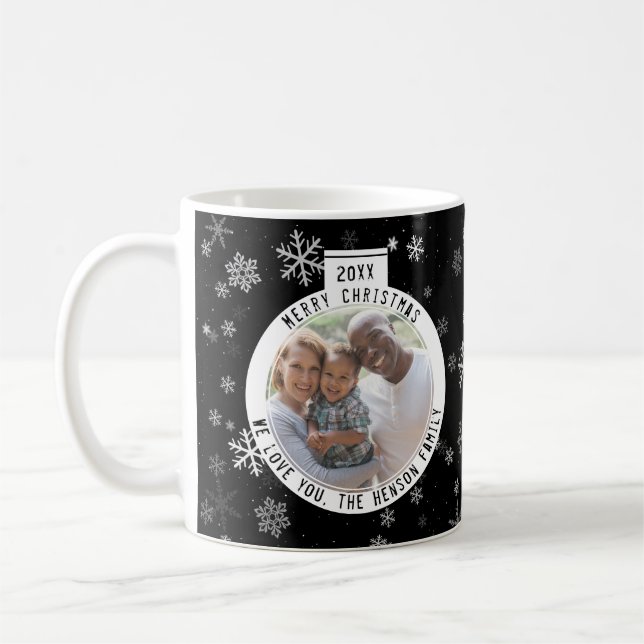 Merry Christmas Ball Black and White Snowflake Coffee Mug (Left)
