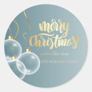 Merry Christmas Balls Blue Holiday Classic Round Sticker
