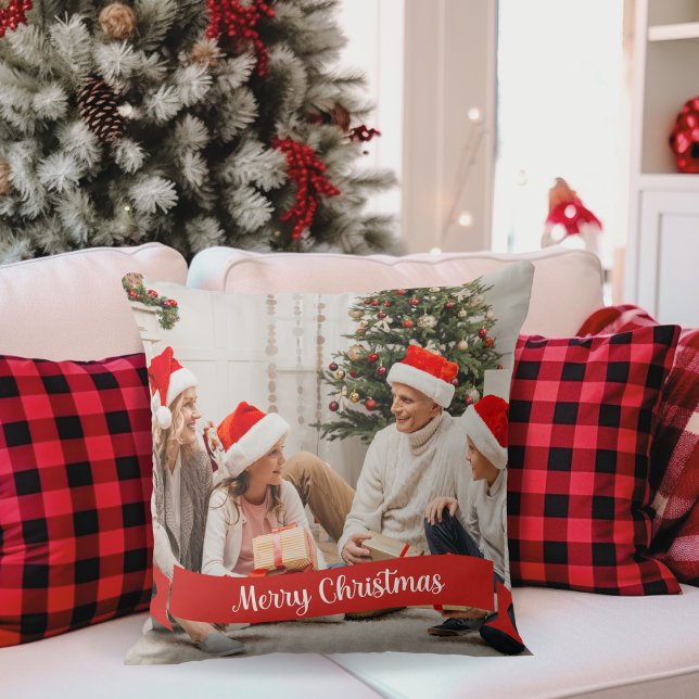 Merry Christmas Banner Custom Photo Throw Pillow (Add your favorite photo to this festive pillow that features a red banner that says Merry Christmas.)