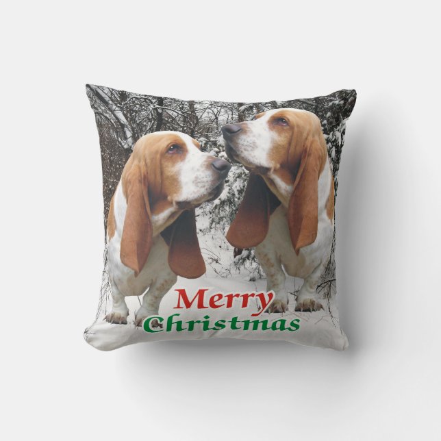 Merry Christmas Basset Hounds Throw Pillow (Front)