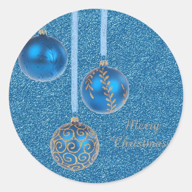 Merry Christmas Baubles Gold Blue Glitter Classic Round Sticker (Front)