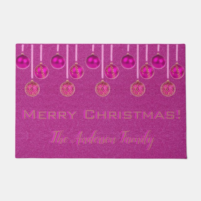 Merry Christmas Baubles Hot Pink Ornament Door Mat (Front)